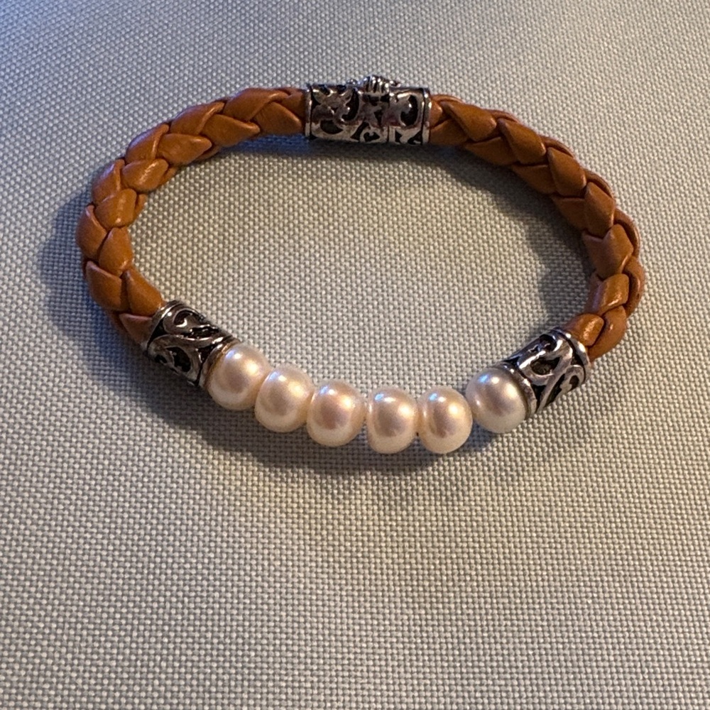 Braided Leather Bracelet with Cultured Pearls